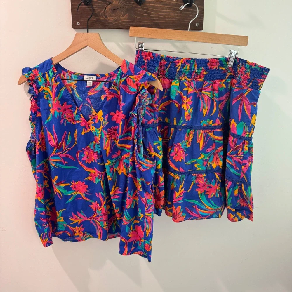 J.Crew Womens 2X Tropical Floral Matching Set Top and Tiered Skirt BR770 Blue